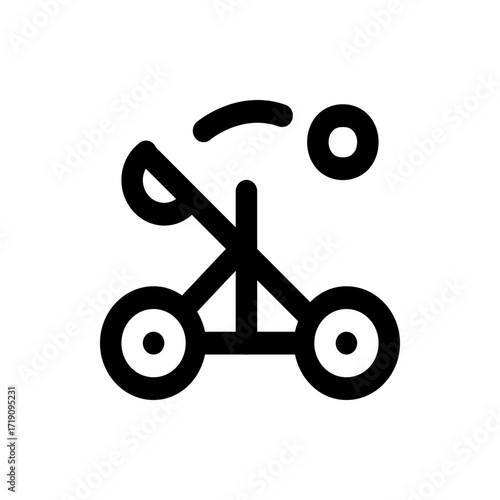 Illustration of a black trebuchet with two wheels and a projectile in the air on a white background