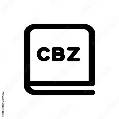 Illustration of a cbz file icon with a black border and white fill representing a digital comic book archive