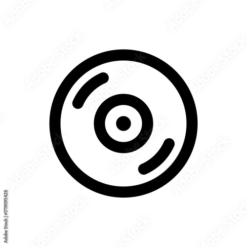 Illustration of a compact disc with circular design and two curved lines in a simple black and white style