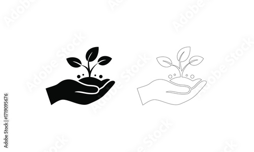 Hand holding soil with plant seedling and leaves vector