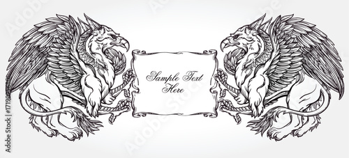 Печать Two griffins flank a central ornate frame with "Sample Text Here," sketched in monochrome with fine lines, creating a heraldic, vintage, and symmetrical design.
