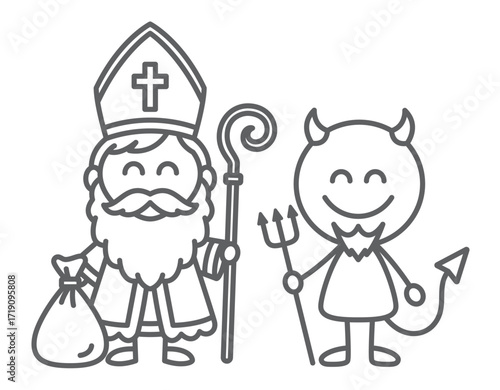 Vector black and white coloring page of Saint Nicholas with a crutch and the devil with a trident. Illustration with simple lines. Christmas and holidays design. Isolated on white background
