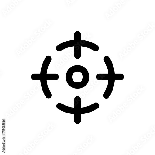 Black icon of a target with a central circle and four curved crosshairs pointing inward on a white background