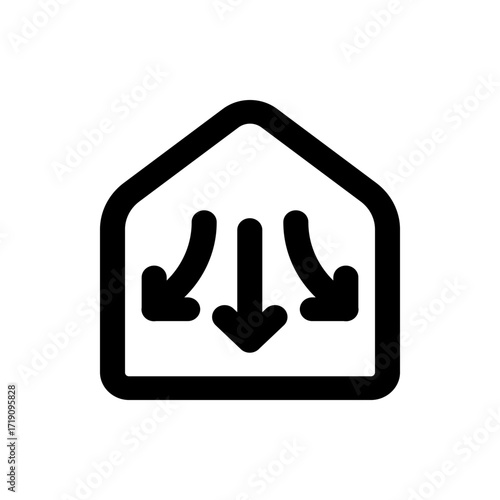 Black outline of a house shape with three arrows pointing downward inside the house illustration