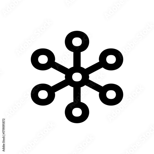 Black network icon with a central node connected to six outer nodes in a symmetrical radial arrangement