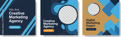 Three marketing agency ads with blue and white color schemes editable vector file