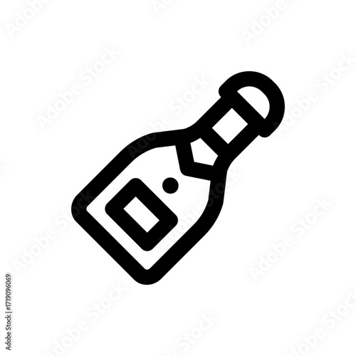 Illustration of a stylized black outline of a champagne bottle with label and rounded cork design element