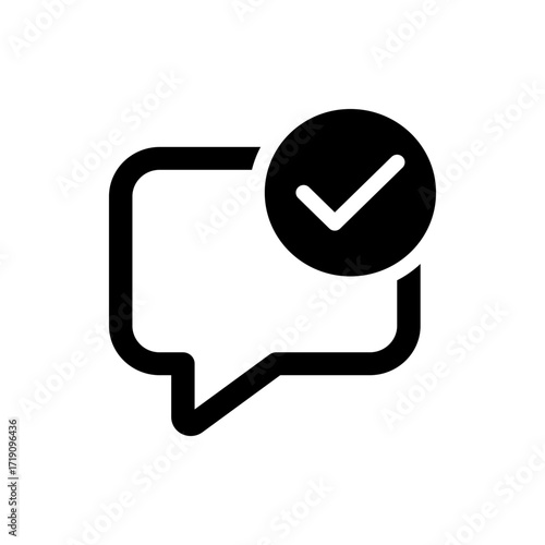 Black and white graphic of a speech bubble with a checkmark inside a circle on the upper right corner