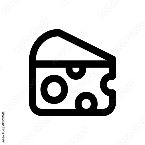 Illustration of a cheese wedge with holes and a thick black outline on a white background design style