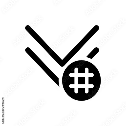 Black double chevron pointing down with a circle containing a hashtag symbol on the lower right side
