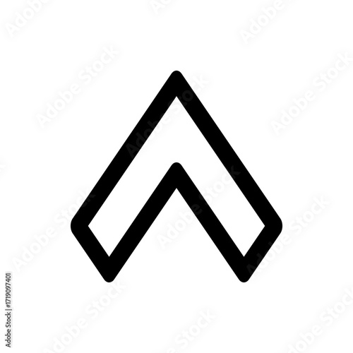 A simple chevron pointing upwards with thick black outline on a white background in a minimalist style