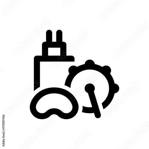 Illustration of a black nasal cannula next to a black ventilator and a black oxygen regulator device