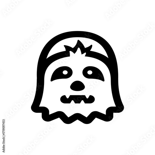 Black and white illustration of a cartoon ghost with a crown and a jagged bottom edge on a white background