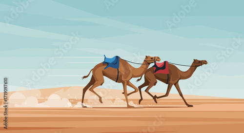 Experience the thrill of camel racing, a highlight of the Pushkar Camel Fair, through this dynamic flat design illustration. It portrays the speed and excitement of the traditional desert sport.