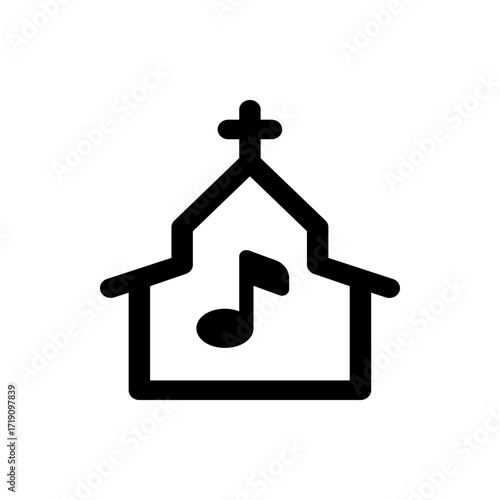 Illustration of a church building with a cross on top and a music note inside, depicted in black outline