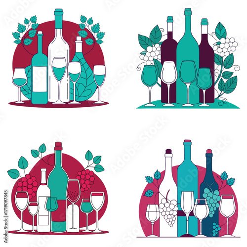 Wine Bottles and Glasses Vector Illustration, Vineyard Grapes, Alcohol Drink and Winery Lifestyle Design