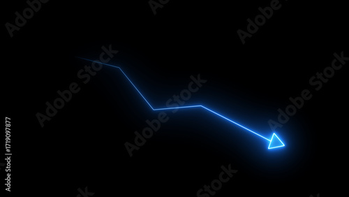 Bilde på lerret Glowing blue neon line graph with a downward trending arrow indicating financial