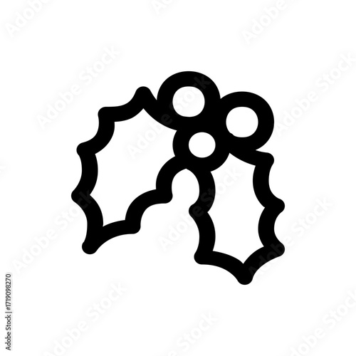 Illustration of a christmas holly with three berries and two leaves in black outline on a white background