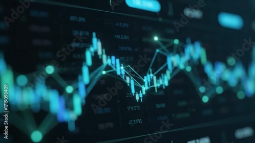 Dynamic stock market analysis visualization with glowing graph and data indicators
