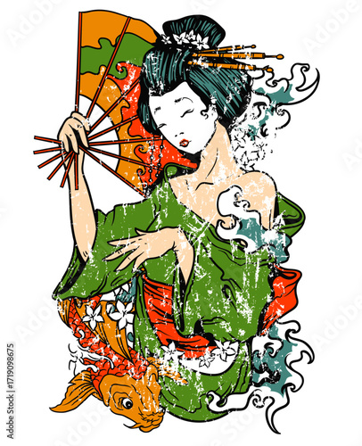 Geisha with fan, green kimono, orange obi, koi fish, stylized waves, distressed texture, vibrant colors, flat perspective, traditional Japanese art style, serene mood.
