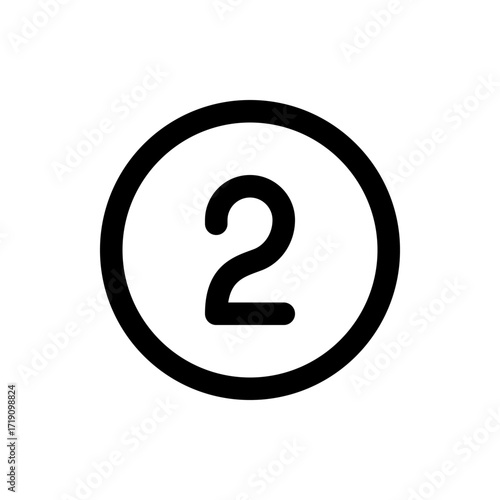 Illustration of the number two centered inside a black circle with a white background and simple design style