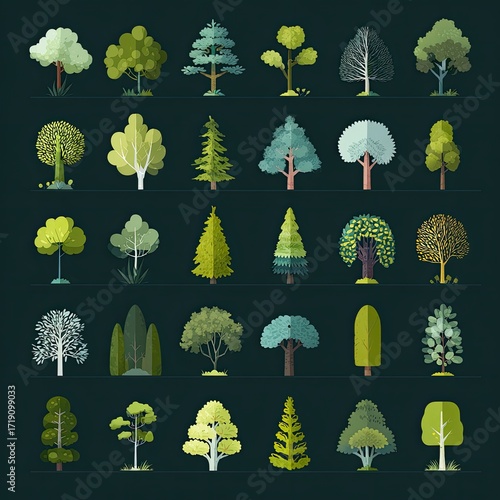 A grid showcases thirty diverse stylized tree illustrations, each rendered in a flat, vector design with varying heights, leaf types, and color palettes against a dark background