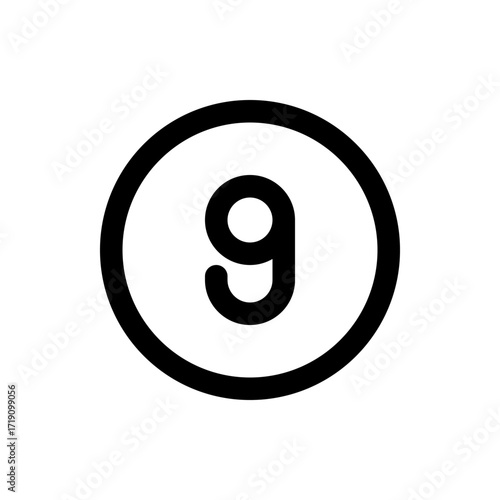 A bold black number nine encircled by a thick black ring on a white background in simple graphic style