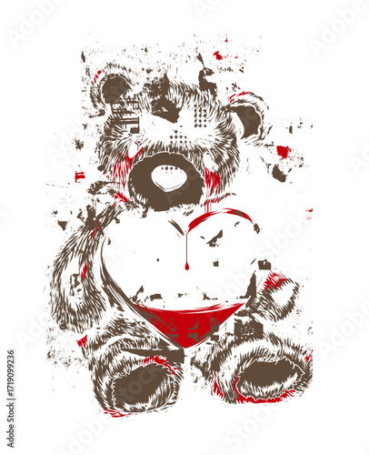 Distressed teddy bear, heart-shaped patch, splattered red paint, brown hues, fragmented texture, white background, chaotic ambiance, digital art style, unsettling mood.
