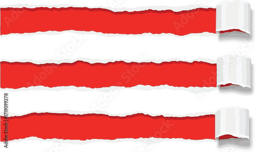 Three red banners peeking through torn white paper backdrop art editable vector file