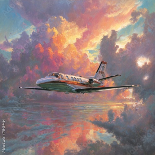 Private jet flies above calm waters reflecting a vibrant sky filled with dynamic pastel clouds at sunset