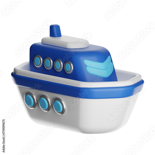 Cartoon toy cruise ship traveling on transparent background