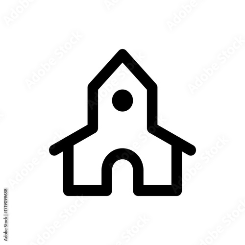 Illustration of a simple church building with a steeple and arched entrance in a minimalist style design
