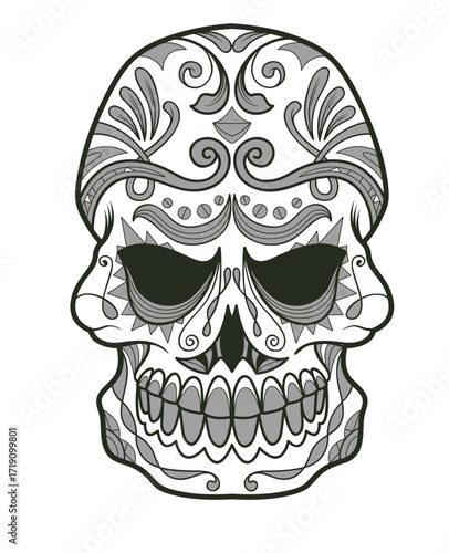 Intricate grayscale sugar skull illustration, symmetrical floral patterns adorning the cranium, dark eye sockets, detailed teeth, white background, flat perspective, festive, stylized.
