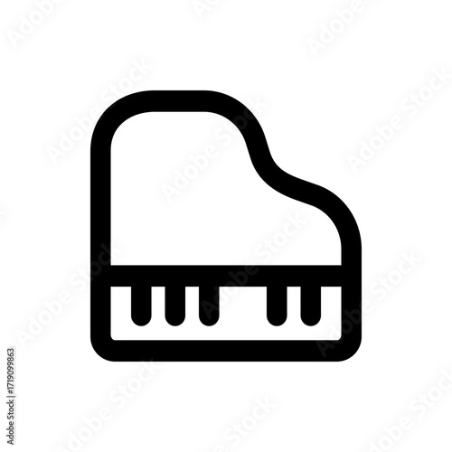 Simple outline drawing of a grand piano with keys and curved body in black and white minimalist style