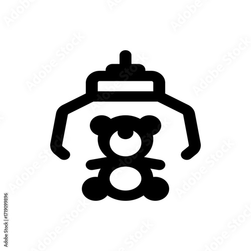 Illustration of a claw machine attempting to pick up a teddy bear with a simple black and white design