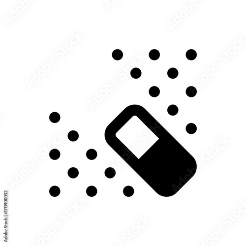A black and white illustration of a capsule with small dots scattered around it on a white background space