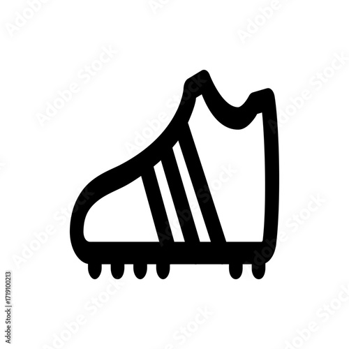 Illustration of a single black and white soccer cleat with three stripes on the side in simple style