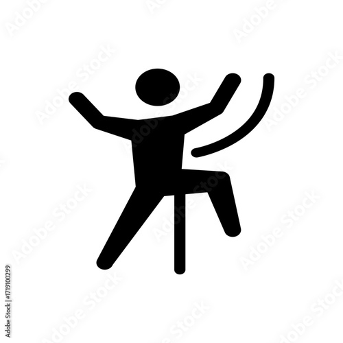 Silhouette of a person balancing on a pole with arms raised and one leg up and a curved line in the background