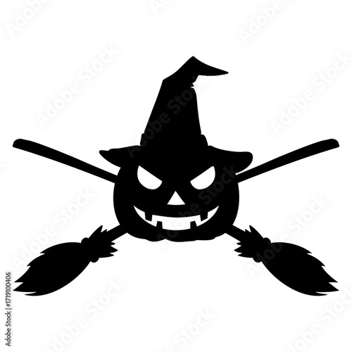 Logo con silueta de calabaza de Halloween Jack O Lantern con sombrero de bruja y escobas cruzadas para felicitaciones y tarjetas