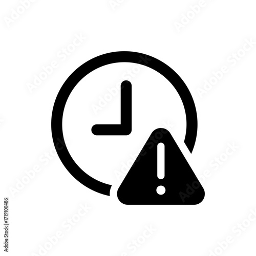 Black clock with short hand and warning triangle indicating a time related alert or urgent notification icon