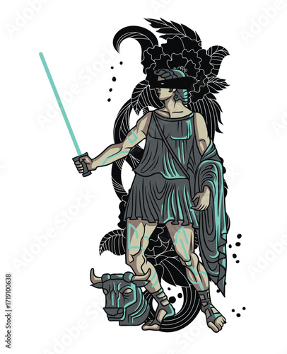 Blindfolded Greek warrior with blue lightsaber stands above a bull head, floral background, stylized tattoo art, cool tones, dynamic pose.
