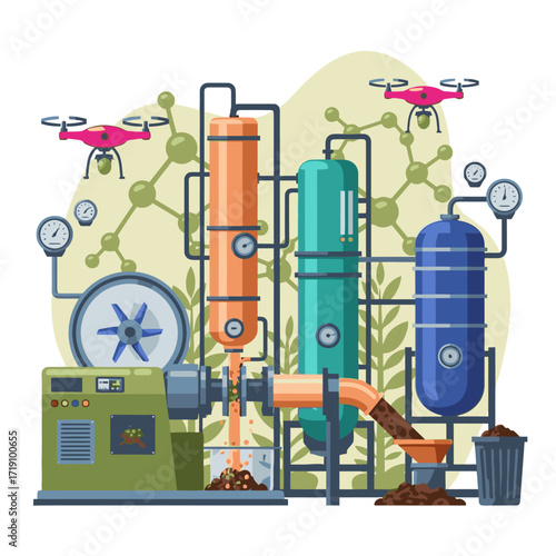 Innovative biomass processing with drone monitoring, illustrating sustainable energy production and industrial technology advancements for a greener future