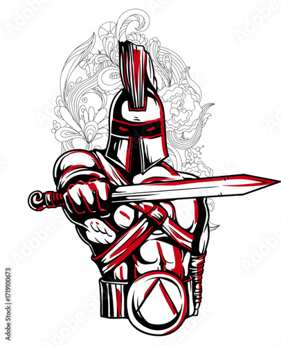 A stylized Spartan warrior, red and white, holds a sword, shield with triangle, against a floral background, bold lines, graphic novel style.
