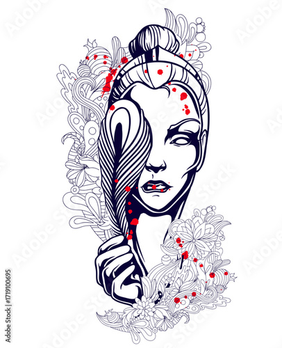 Monochromatic woman's face, stylized with floral swirls, holds a feather; red splatters accent, creating a dark, surreal, tattoo-like illustration.
