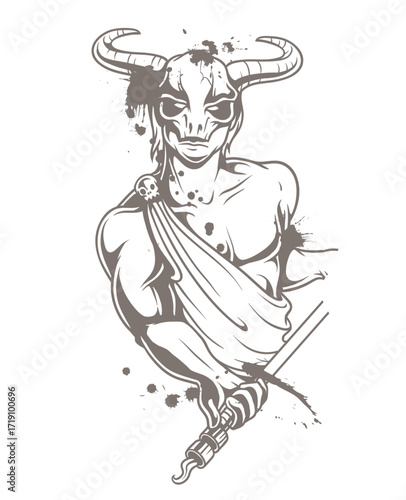 Monochrome sketch: Minotaur-like figure with skull, draped cloth, holding hook, splattered ink effect, evoking a dark, mythical, and slightly unsettling mood.

