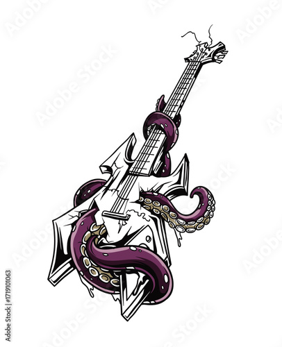 Stylized electric guitar entwined by purple octopus tentacles, white background, sharp lines, cartoonish style, dynamic composition, slightly angled perspective, edgy, and surreal.