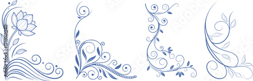 Elegant blue floral corner ornaments with swirls and leaves. Decorative vector elements perfect for invitations, borders, and stationery. Stylish vintage flourish design for classic 