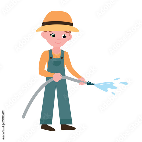Cartoon Farmer Watering with Hose Illustration