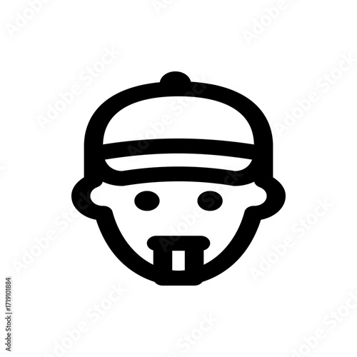 Illustration of a stylized face with a cap, featuring simple black lines and circular eyes and a square beard