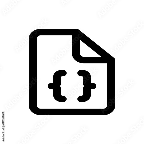 Illustration of a document icon with curly braces representing code inside, simple and bold design style